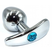 Серебристая анальная пробка для ношения из нержавеющей стали с голубым кристаллом - 8 см.