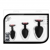 Набор черных анальных пробок с красным кристаллом-сердечком Bling Plugs Training Kit - Blush Novelties - купить с доставкой в Екатеринбурге