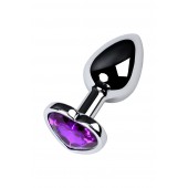 Серебристая коническая анальная пробка с фиолетовым кристаллом-сердечком - 7 см. - ToyFa - купить с доставкой в Екатеринбурге