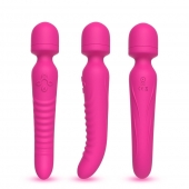 Ярко-розовый двусторонний wand-вибромассажер с рифленой ручкой - 22,5 см. - Silicone Toys