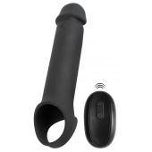 Черная вибронасадка для пениса с хомутом для мошонки и пультом ДУ Remote Controlled Penis Extension - Orion - в Екатеринбурге купить с доставкой