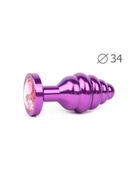 Коническая ребристая фиолетовая анальная втулка с розовым кристаллом - 8 см. - Anal Jewelry Plug - купить с доставкой в Екатеринбурге