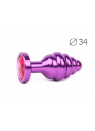 Коническая ребристая фиолетовая анальная втулка с малиновым кристаллом - 8 см. - Anal Jewelry Plug