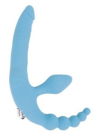 Голубой безремневой страпон с анальным отростком и вибрацией - 15 см. - Bior toys - купить с доставкой в Екатеринбурге