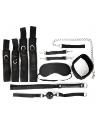 Черный текстильный набор БДСМ: наручники, оковы, ошейник с поводком, кляп, маска, плеть - Bior toys - купить с доставкой в Екатеринбурге