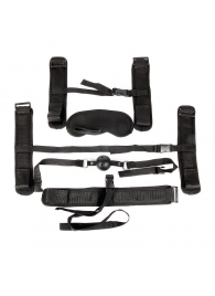 Пикантный черный текстильный набор БДСМ: наручники, оковы, ошейник с поводком, кляп, маска - Bior toys - купить с доставкой в Екатеринбурге