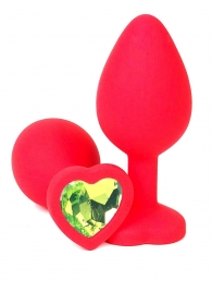 Красная силиконовая анальная пробка с лаймовым стразом-сердцем - 8 см. - Vandersex - купить с доставкой в Екатеринбурге