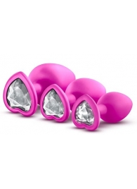 Набор розовых анальных пробок с прозрачным кристаллом-сердечком Bling Plugs Training Kit - Blush Novelties - купить с доставкой в Екатеринбурге