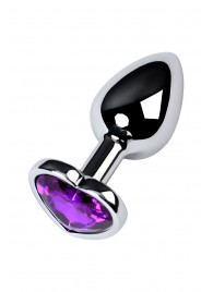 Серебристая коническая анальная пробка с фиолетовым кристаллом-сердечком - 7 см. - ToyFa - купить с доставкой в Екатеринбурге