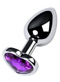Серебристая коническая анальная пробка с фиолетовым кристаллом-сердечком - 7 см. - ToyFa - купить с доставкой в Екатеринбурге