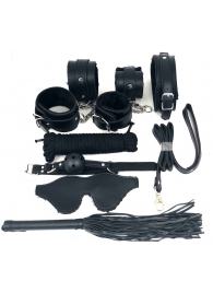 Набор БДСМ в черном цвете: наручники, поножи, кляп, ошейник с поводком, маска, веревка, плеть - Vandersex - купить с доставкой в Екатеринбурге