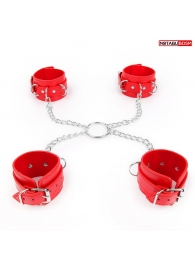 Комплект красных наручников и оков на металлических креплениях с кольцом - Notabu - купить с доставкой в Екатеринбурге