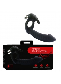 Черная вибронасадка Double Penetration Real с клиторальным зайчиком - Vandersex - купить с доставкой #SOTBIT_REGIONS_UF_V_REGION_NAME#