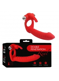 Красная вибронасадка Double Penetration Real с клиторальным зайчиком - Vandersex - купить с доставкой #SOTBIT_REGIONS_UF_V_REGION_NAME#