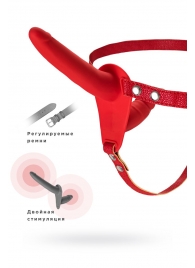 Красный страпон на ремнях с вагинальной пробкой - 15 см. - ToyFa - купить с доставкой в Екатеринбурге