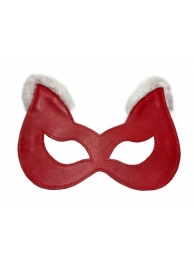 Красная маска из натуральной кожи с белым мехом на ушках - БДСМ Арсенал - купить с доставкой в Екатеринбурге