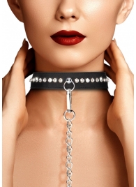 Черный ошейник с поводком Diamond Studded Collar With Leash - Shots Media BV - купить с доставкой в Екатеринбурге