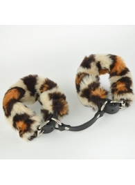 Черные кожаные наручники со съемной леопардовой опушкой - Sitabella - купить с доставкой в Екатеринбурге