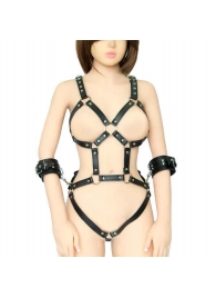 Черное боди-портупея с пристегивающимися наручниками - Секс-кукла с вибрирующей вагиной и анусом Jamie Lynn CyberSkin Vibrating Doll with Pussy   Ass - купить с доставкой в Екатеринбурге