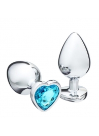 Серебристая коническая анальная пробка с голубым кристаллом-сердечком - 9 см. - Сима-Ленд