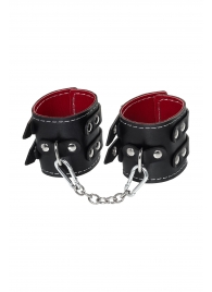 Черные кожаные наручники с двумя ремнями и красной подкладкой - Pecado - купить с доставкой в Екатеринбурге