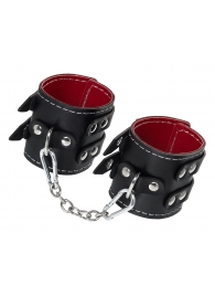 Черные кожаные наручники с двумя ремнями и красной подкладкой - Pecado - купить с доставкой в Екатеринбурге