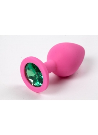 Розовая силиконовая анальная пробка с зеленым стразом - 8,2 см. - 4sexdreaM - купить с доставкой в Екатеринбурге