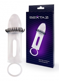 Закрытая насадка на пенис с подхватом мошонки и стимулирующими «ресничками» - Sextaz - в Екатеринбурге купить с доставкой