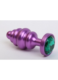 Фиолетовая ребристая анальная пробка с зеленым кристаллом - 7,3 см. - 4sexdreaM - купить с доставкой в Екатеринбурге