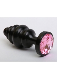Чёрная ребристая анальная пробка с розовым кристаллом - 7,3 см. - 4sexdreaM - купить с доставкой в Екатеринбурге