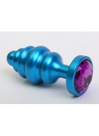 Синяя ребристая анальная пробка с фиолетовым кристаллом - 7,3 см. - 4sexdreaM - купить с доставкой в Екатеринбурге