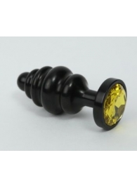 Чёрная ребристая анальная пробка с жёлтым кристаллом - 7,3 см. - 4sexdreaM - купить с доставкой в Екатеринбурге