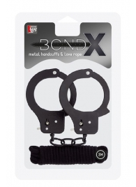 Чёрные наручники из листового металла в комплекте с веревкой BONDX METAL CUFFS LOVE ROPE SET - Dream Toys - купить с доставкой в Екатеринбурге