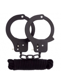 Чёрные наручники из листового металла в комплекте с веревкой BONDX METAL CUFFS LOVE ROPE SET - Dream Toys - купить с доставкой в Екатеринбурге