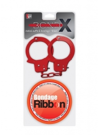Набор для фиксации BONDX METAL CUFFS AND RIBBON: красные наручники из листового материала и липкая лента - Dream Toys - купить с доставкой в Екатеринбурге