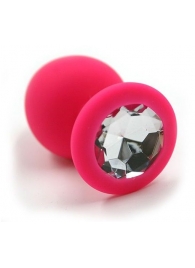 Розовая силиконовая анальная пробка с прозрачным кристаллом - 7 см. - Kanikule - купить с доставкой в Екатеринбурге