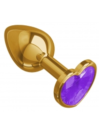 Золотистая анальная втулка с фиолетовым кристаллом-сердцем - 7 см. - Джага-Джага - купить с доставкой в Екатеринбурге