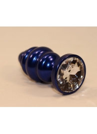 Синяя рифлёная пробка с прозрачным кристаллом - 7,3 см. - 4sexdreaM - купить с доставкой в Екатеринбурге