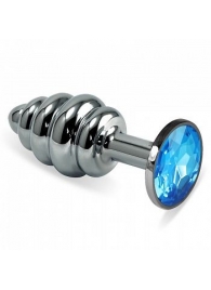 Серебристая фигурная анальная пробка с голубым кристаллом - 8,5 см. - 4sexdreaM - купить с доставкой в Екатеринбурге