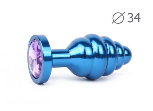 Коническая ребристая синяя анальная втулка с сиреневым кристаллом - 8 см. - Anal Jewelry Plug - купить с доставкой в Екатеринбурге