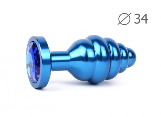 Коническая ребристая синяя анальная втулка с синим кристаллом - 8 см. - Anal Jewelry Plug - купить с доставкой в Екатеринбурге