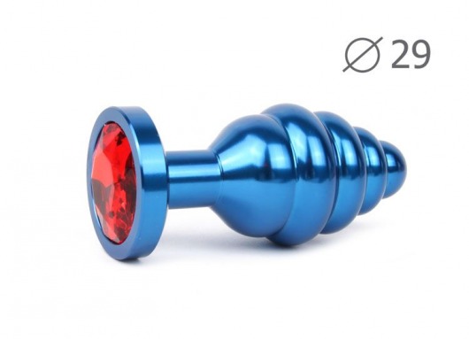 Коническая ребристая синяя анальная втулка с красным кристаллом - 7,1 см. - Anal Jewelry Plug - купить с доставкой в Екатеринбурге