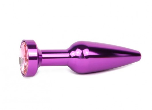 Удлиненная коническая гладкая фиолетовая анальная втулка с розовым кристаллом - 11,3 см. - Anal Jewelry Plug - купить с доставкой в Екатеринбурге