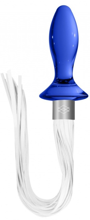 Синяя анальная пробка-плеть Tail с белыми хвостами - Shots Media BV - купить с доставкой в Екатеринбурге