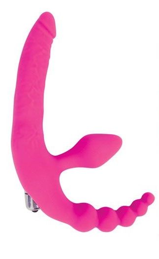 Розовый безремневой страпон с анальным отростком и вибрацией - 15 см. - Bior toys - купить с доставкой в Екатеринбурге