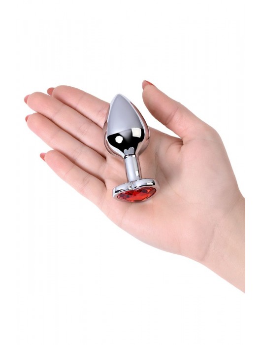 Серебристая коническая анальная пробка с красным кристаллом-сердечком - 7 см. - ToyFa - купить с доставкой в Екатеринбурге