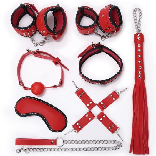 Пикантный красно-черный набор БДСМ: маска, ошейник, кляп, фиксатор, наручники, оковы, плеть - Bior toys - купить с доставкой в Екатеринбурге