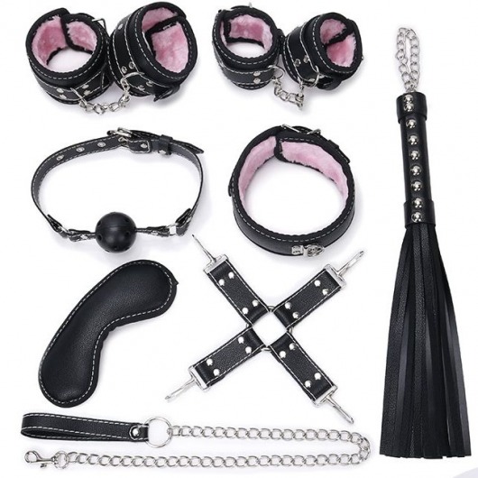 Пикантный черно-розовый набор БДСМ: маска, ошейник, кляп, фиксатор, наручники, оковы, плеть - Bior toys - купить с доставкой в Екатеринбурге