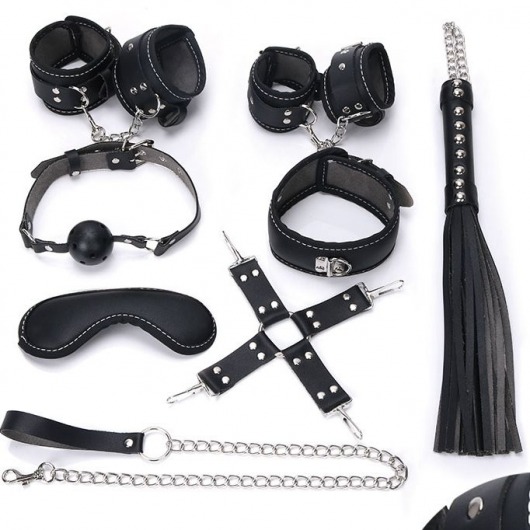 Пикантный черный набор БДСМ: маска, ошейник, кляп, фиксатор, наручники, оковы, плеть - Bior toys - купить с доставкой в Екатеринбурге