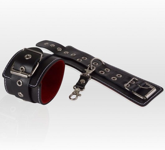 Чёрные кожаные наручники с контрастной строчкой и красной изнанкой - Sitabella - купить с доставкой в Екатеринбурге